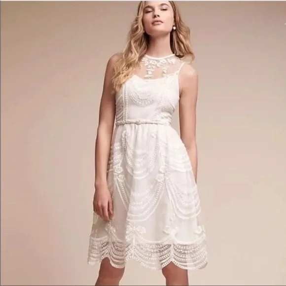 Bhldn X Anthro Anissa White Silk Dress Size 2 Floral Lace Embroidered